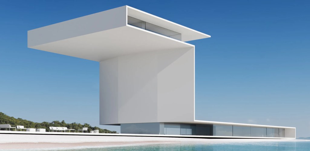 Una casa en la playa que luce como una esfinge moderna
